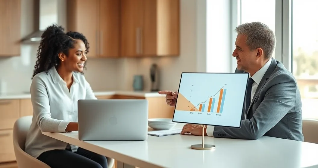 Diverse couple and financial advisor reviewing visual ratio icons on a tablet at a modern kitchen table in natural daylight