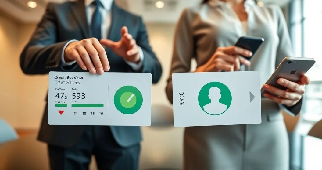 Loan officer and consumer compare two credit summaries showing a red downward indicator for hard inquiry and a green neutral indicator for soft inquiry