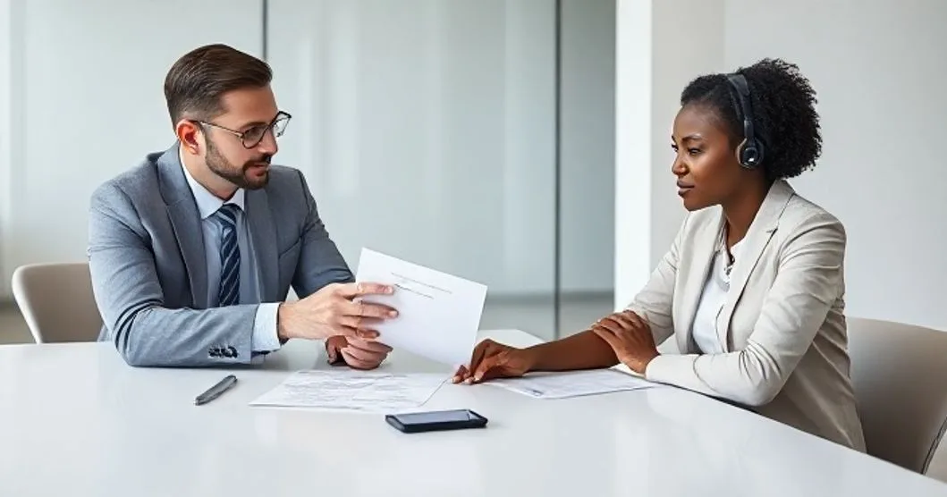 Tax professional speaking on a headset and pointing to a printed notice as a diverse client reviews documents at a minimalist conference table with a sealed envelope and phone on the table