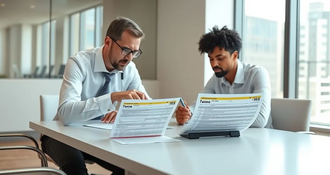 Financial advisor and client reviewing four printed IRS transcripts with colored tabs on a conference table in a modern office, advisor pointing at a line while client writes notes