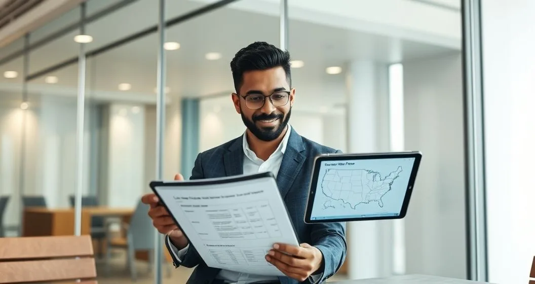 Two professionals review a loan fee breakdown and a tablet showing a state outline and fee graphic in a modern conference room