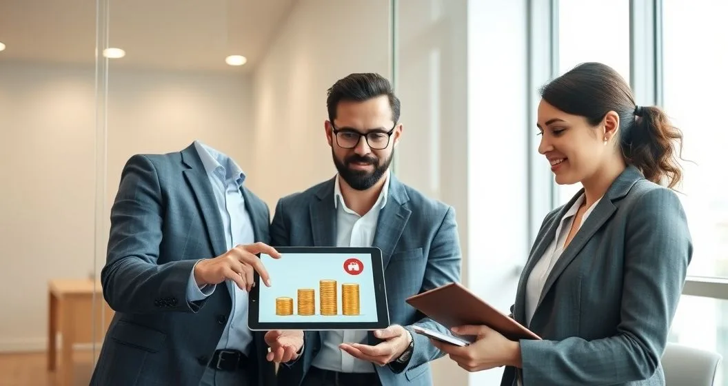 Mortgage advisor points at a tablet showing a visual comparing loan amount as coins and property value as a house model to a couple in a modern meeting room