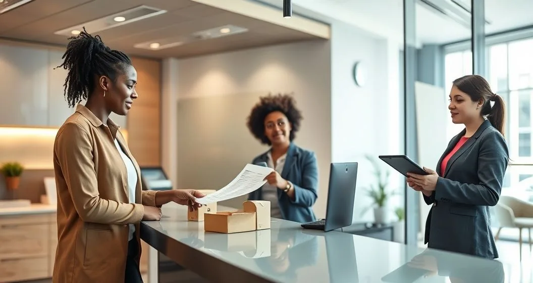 Customer and service representative discussing a printed receipt and boxed product while a supervisor reviews a tablet in a modern service office