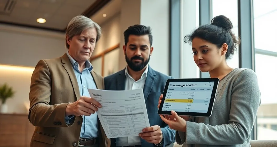 Mortgage advisor points to a tablet showing an escrow account breakdown with a highlighted shortfall while a homeowner couple reviews papers
