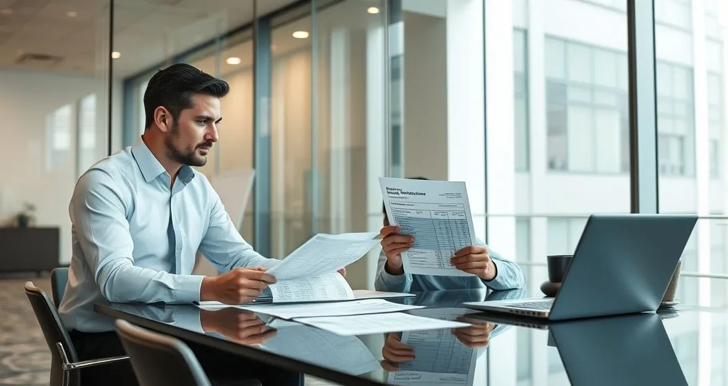 Two diverse financial professionals review rent roll leases tax returns and bank statements on a laptop and printed documents at a conference table