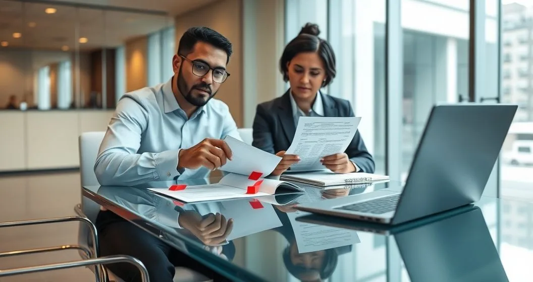 Two financial professionals review a loan file marked with red sticky flags and a laptop with blurred figures in a modern office.