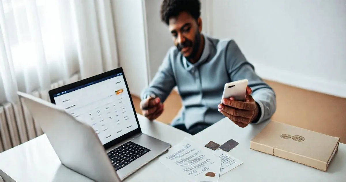 Person at a minimalist desk reviewing subscriptions on a laptop while holding a smartphone showing a cancel icon, with a bank statement, credit card, and legal folder nearby