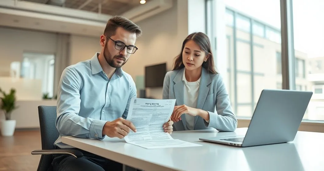 Two professionals at an HR desk reviewing and pointing to a W-4 form as they update withholding information