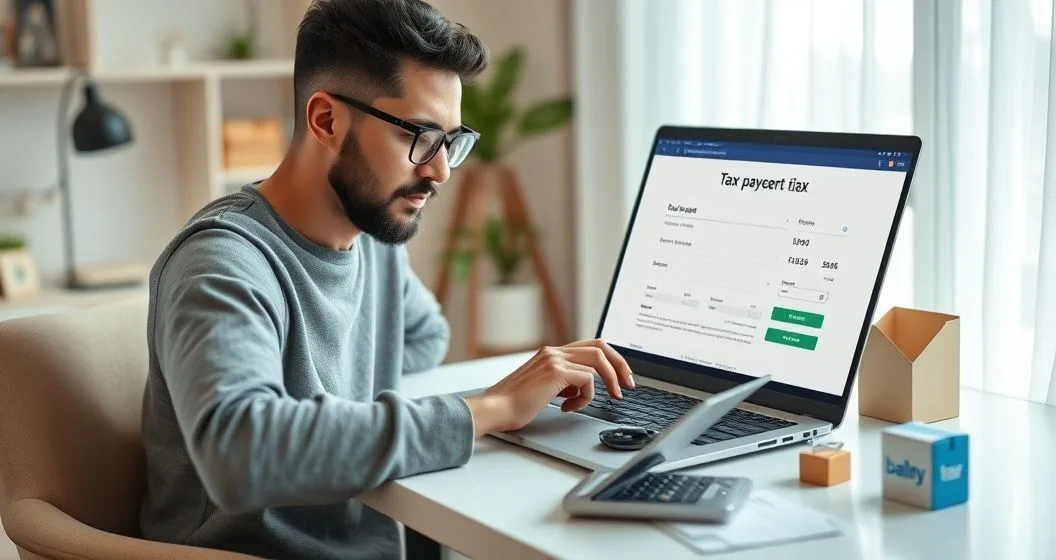Consumer at home desk with laptop receipts and small packages entering use tax information on a calculator