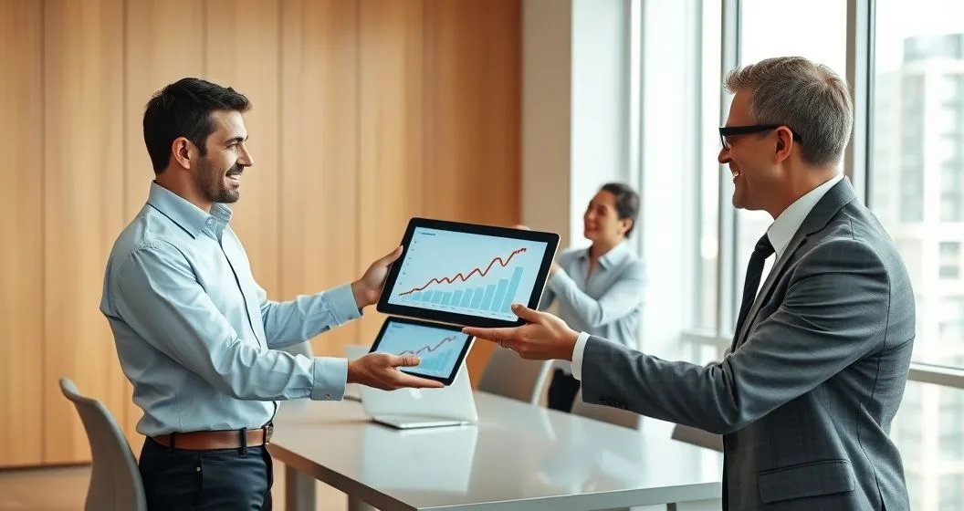 Donor hands tablet displaying an upward stock chart to a charity representative in a modern office while a financial advisor points at the screen