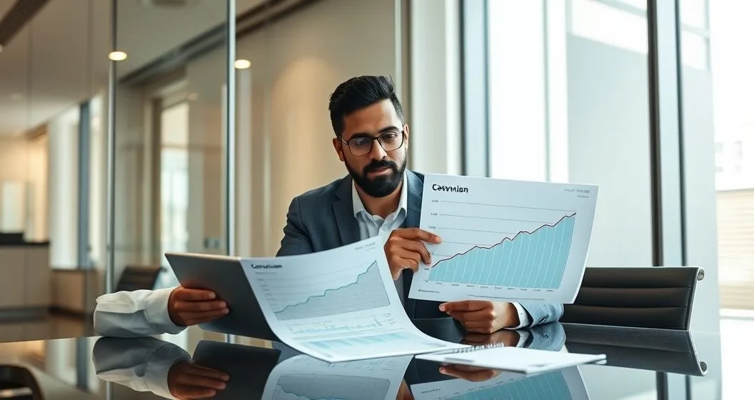 Lender and CFO reviewing cash flow projections and a covenant threshold on a tablet in a modern conference room