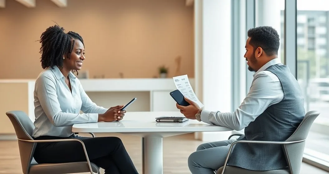 Consumer and bank representative reviewing a disputed transaction on a tablet at a modern bank branch
