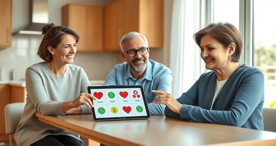 Financial advisor shows a tablet with condition icons to a middle aged patient and partner at a modern kitchen table illustrating lump sum benefit and reassurance.