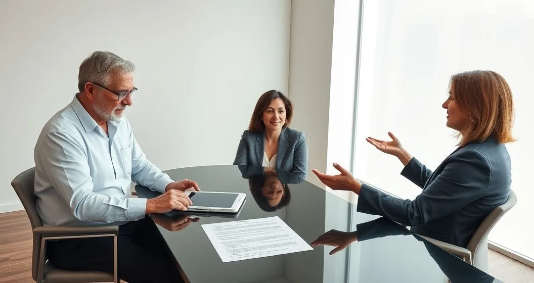 Senior grantor with family meeting an estate attorney and financial advisor at a conference table reviewing a trust document and tablet