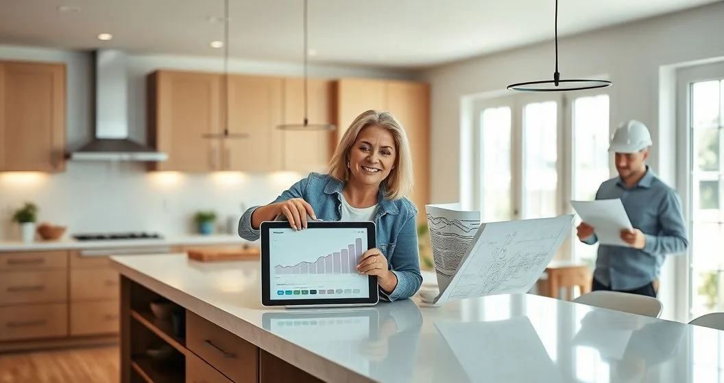 Homeowner and financial advisor reviewing HELOC visuals on a tablet at a kitchen island with renovation samples and a contractor checking blueprints in the background