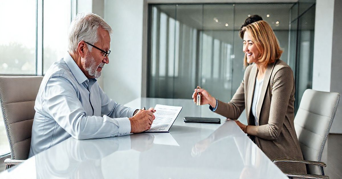 A financial advisor guides an older client signing a gift deed while an adult child receives house keys in a modern office