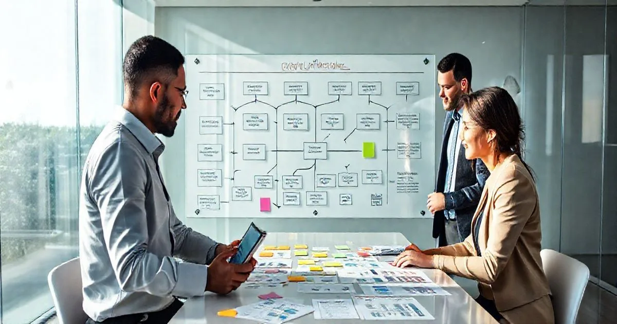 Three diverse professionals collaborate at a glass whiteboard showing a logic model of boxes and arrows while placing sticky notes and reviewing charts in a modern nonprofit conference room
