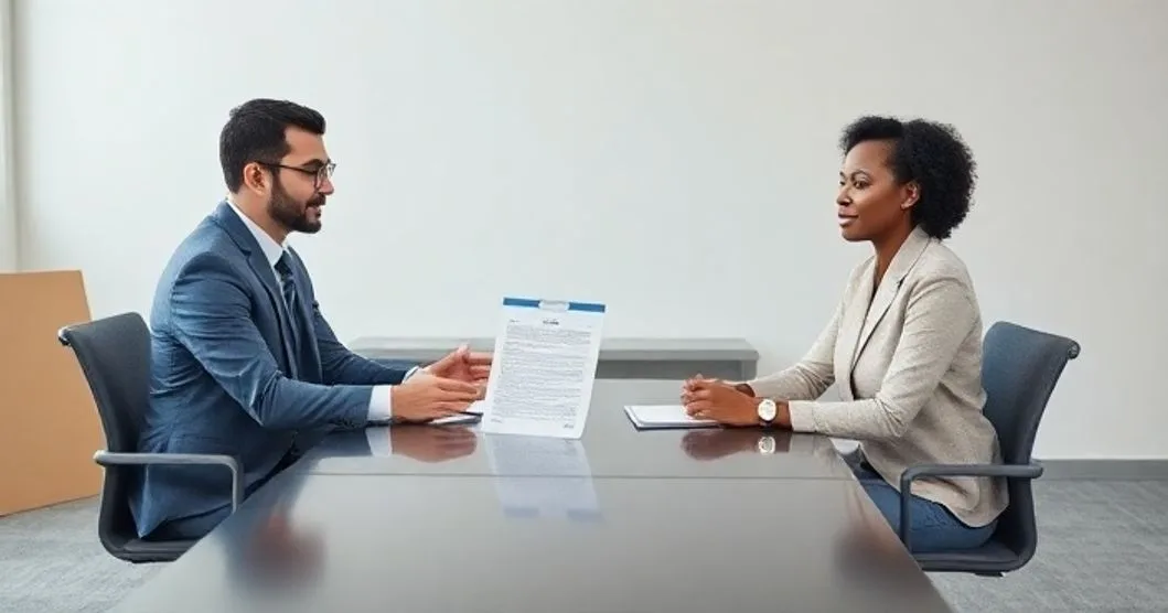Mediator facilitating a settlement discussion between a taxpayer and an IRS representative at a modern conference table