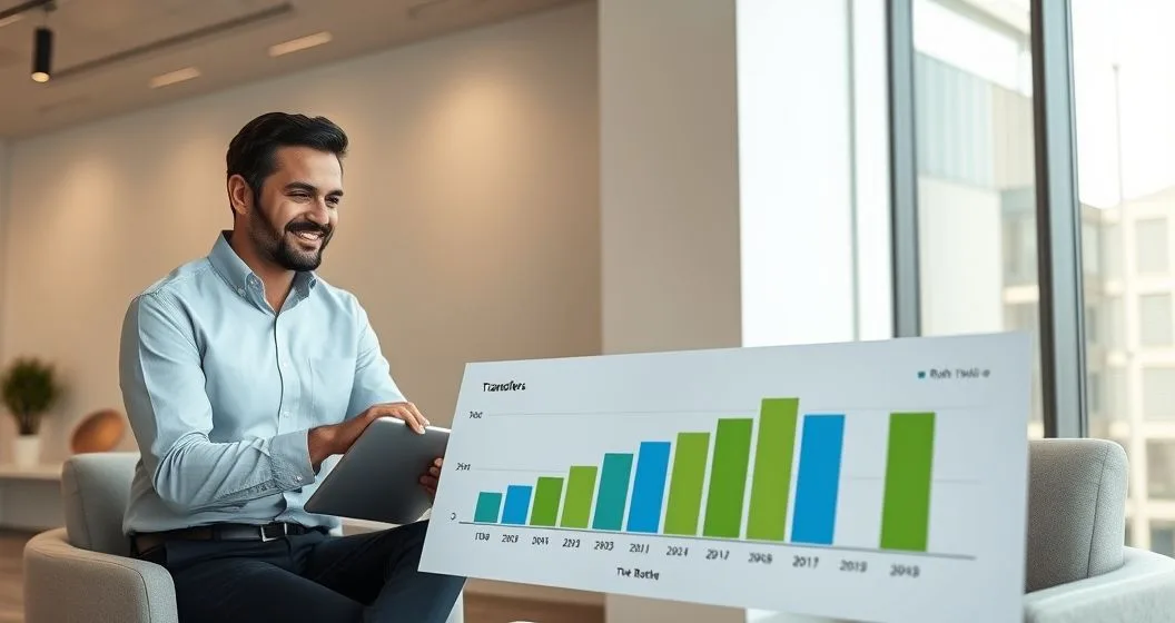 A financial advisor and client studying a multi year timeline on a tablet and printed chart showing color coded stacks shifting from pre tax to Roth accounts in a modern office setting