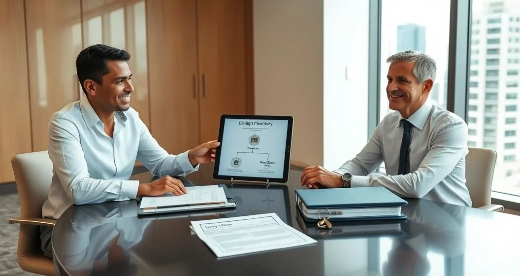 Estate planning attorney advising a couple with a tablet showing an asset flow diagram and a trust binder on a conference table