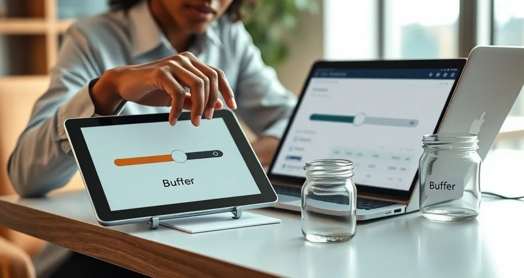 Person adjusting a buffer slider on a tablet with a glass jar labeled Buffer and a laptop on a minimalist desk in a modern office.