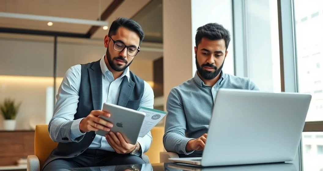 Loan officer and borrower examine tablet and laptop showing non readable bank and payment platform dashboards with a verification icon in a modern office