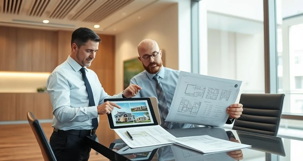 Mortgage officer and contractor review tablet with before and after property visuals and renovation cost estimates at a modern bank conference table