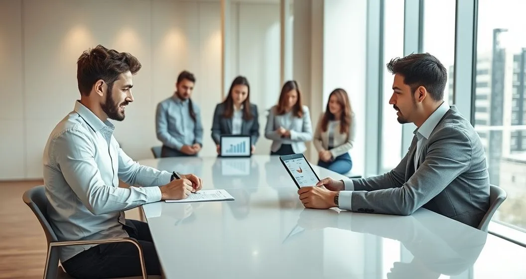 Startup founder and lender sign a loan in a modern conference room while a diverse team reviews a tablet showing an extended cash runway and growth chart