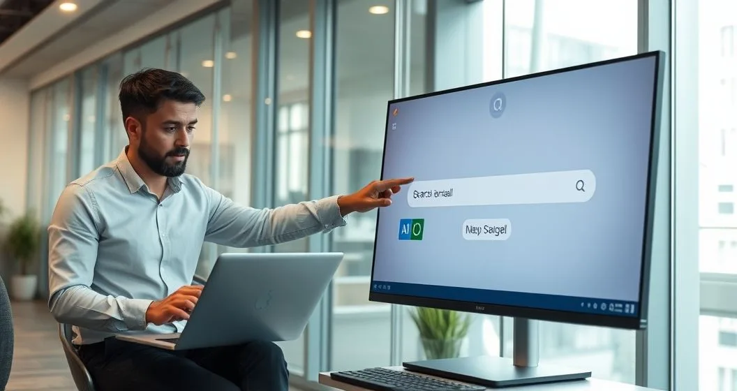 Two professionals in an office troubleshooting a website search tool error shown on a monitor
