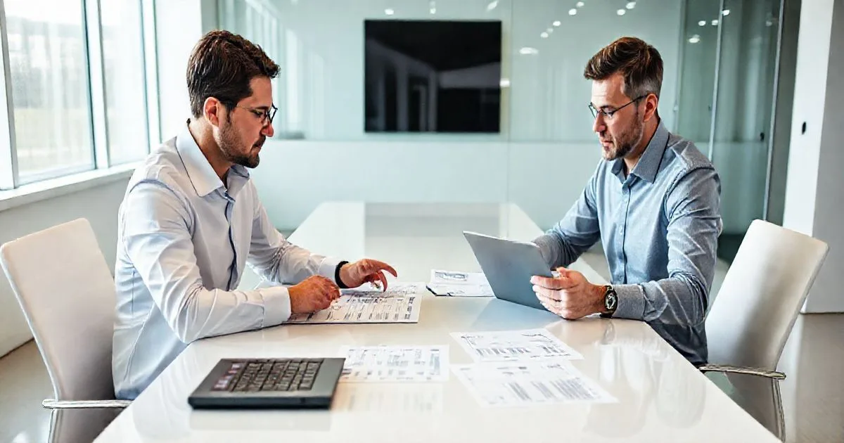Loan officer and self employed applicant reviewing tax returns profit and loss and bank statements on a clean conference table with laptop and calculator