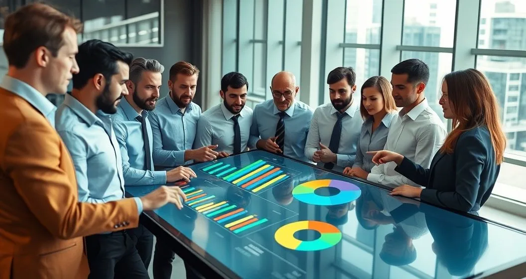 Diverse financial team using an interactive touchscreen showing color coded volatility allocation bars and risk contribution chart as they adjust sliders