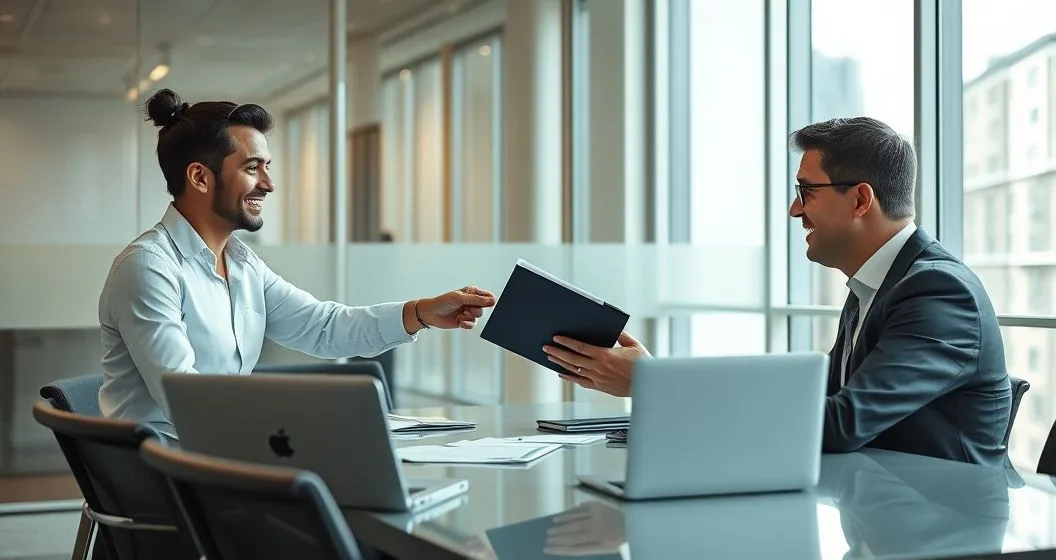 Tax advisor handing a folder to a government compliance officer across a conference table while a client looks relieved in a modern office