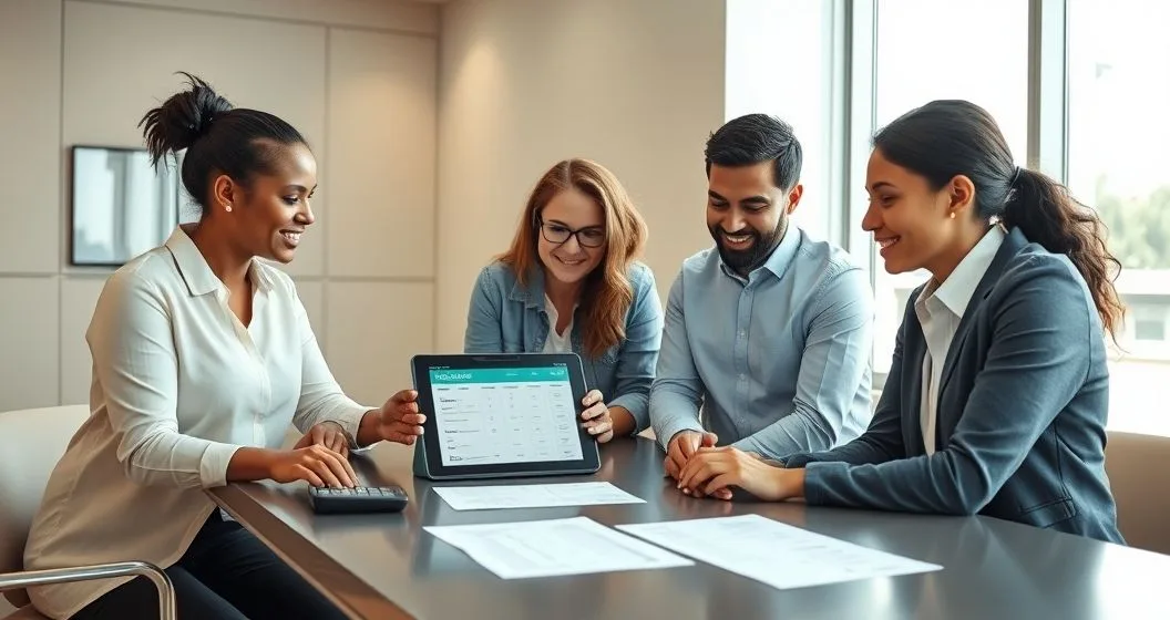 Nonprofit manager and diverse volunteers reviewing a tablet and paper time sheets with a calculator to assign monetary value to volunteer hours