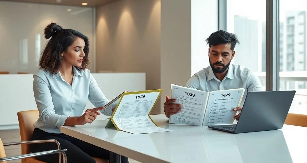 HR manager and contractor reviewing W-2 and 1099 folders at a conference table