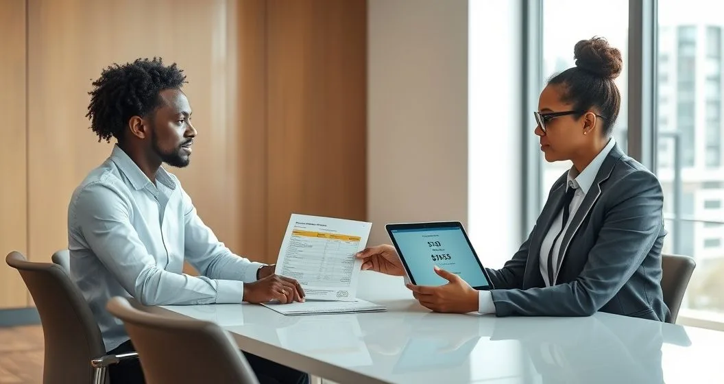 Payroll specialist explains wage garnishment to an employee across a conference table with a tablet showing withholding details