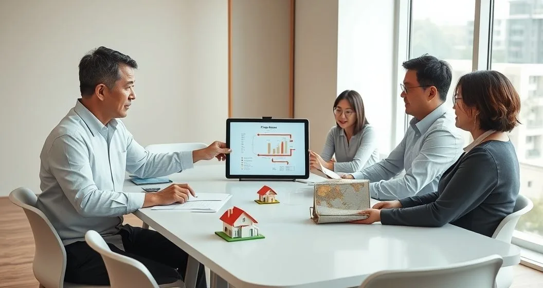 Financial advisor explaining wealth transfer strategies to a multigenerational family around a conference table with a tablet, sealed folders, and a model house in a modern office