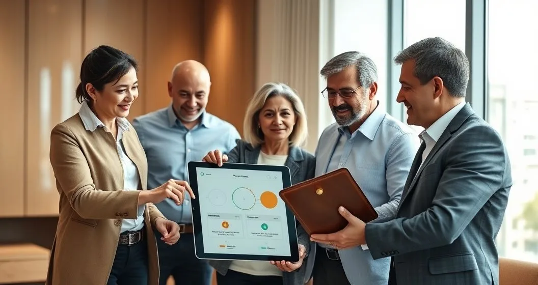 A multigenerational family consults with wealth advisors over a tablet and portfolio in a modern conference room illustrating tailored estate and gifting strategies