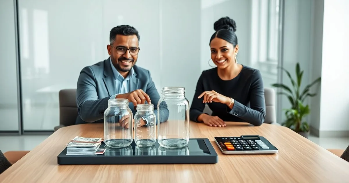Financial advisor and diverse couple reviewing a tabletop display with three stacked jars, calculator, credit cards, color coded trays, and a tablet with income icons in a modern office