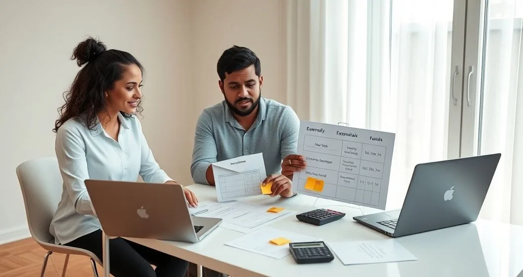 Three people at a tidy desk creating a short term emergency budget using a laptop, calculator, envelopes and a calendar