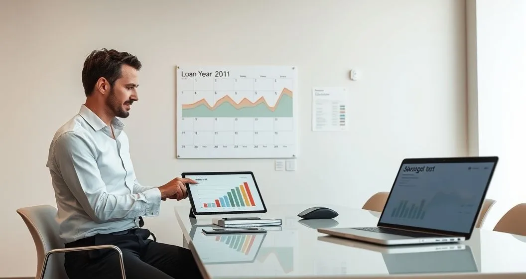 Loan officer and small business owner reviewing multi year income charts and a calendar showing seasonal peaks in a modern bank office