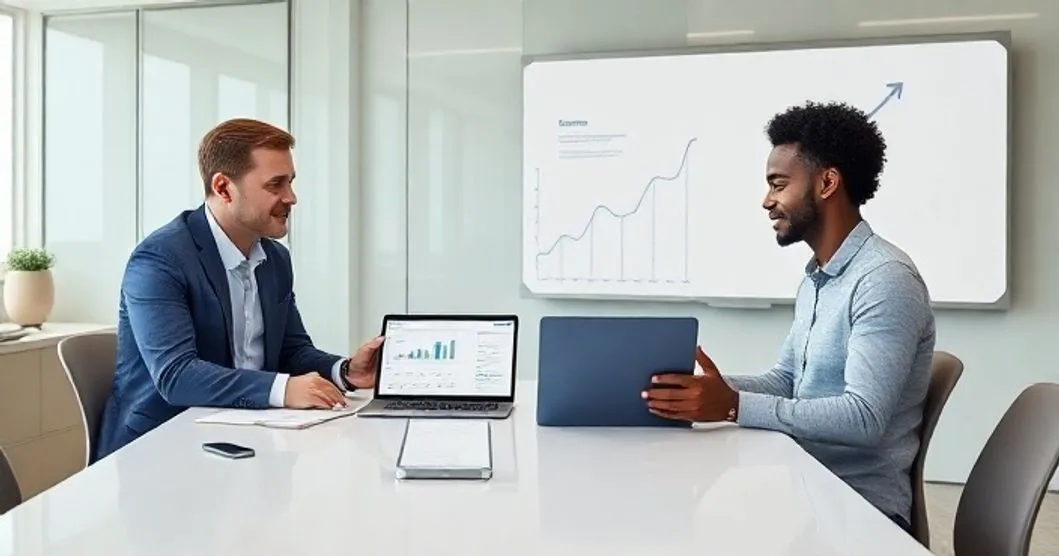 Loan officer and startup founders examine financial charts and growth metrics in a modern meeting room