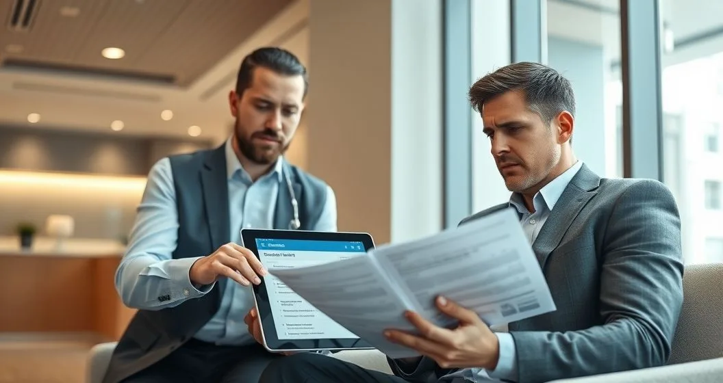 Loan officer pointing to a highlighted overdue account on a tablet while a borrower holds a mortgage statement in a modern meeting room