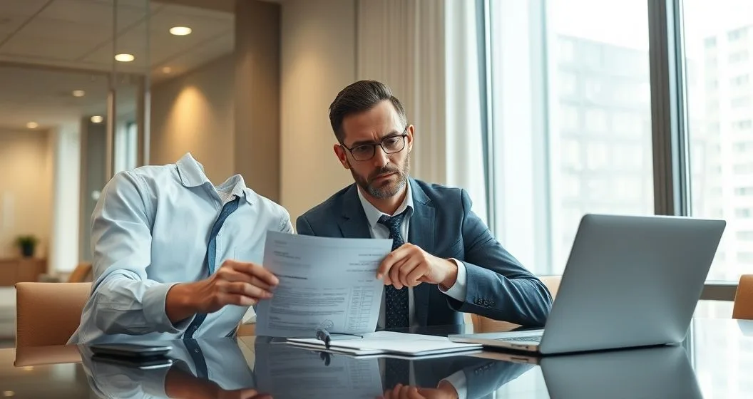 Tax advisor explaining a bank statement to a worried client in a modern office while a sealed official envelope sits on the table indicating an IRS levy notice