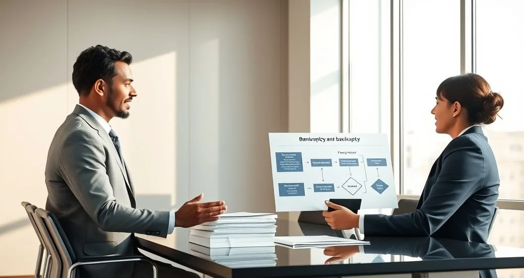 Bankruptcy attorney explains loan discharge process to a relieved client over legal papers and a tablet in a modern law office with scales of justice on the table.