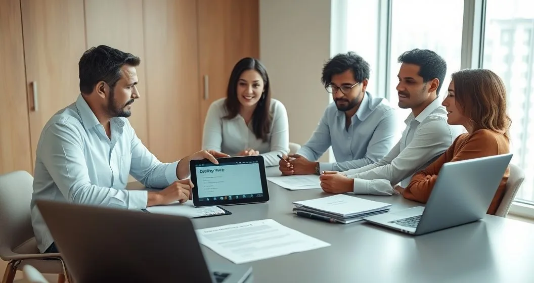 Financial advisor points to beneficiary field on a tablet while diverse clients compare the tablet to a printed will on a minimalist conference table