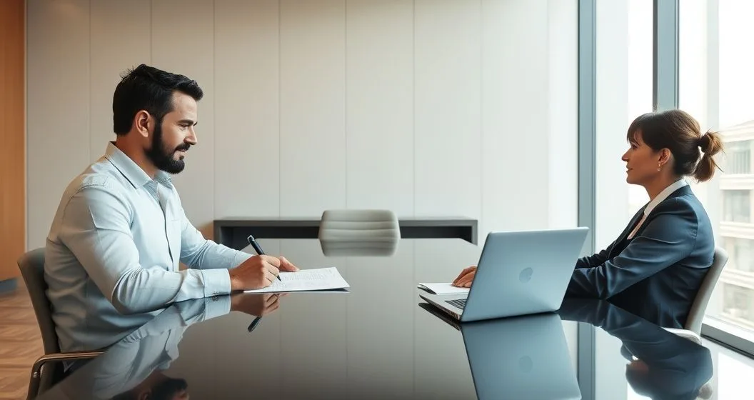 Business owner signing a personal guarantee while lender points to contract clause in a modern meeting room