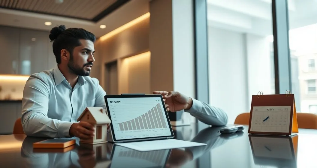 Borrower and financial advisor at a conference table reviewing an amortization chart on a tablet with a small house model and calendar showing an upcoming due date