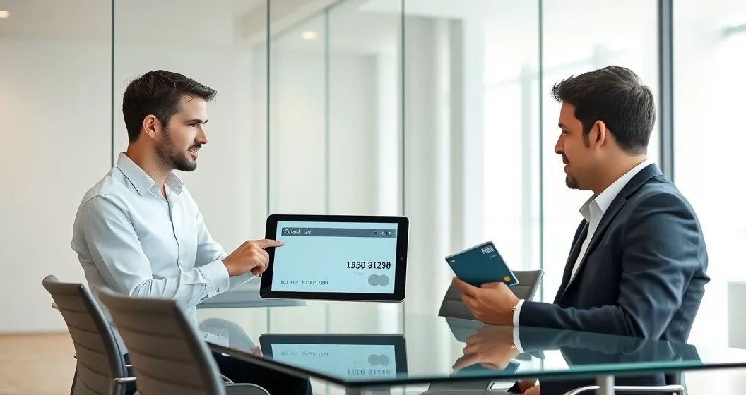 Financial advisor points to a tablet comparing a revolving credit card symbol and a stack of loan documents while a client holds a small card in a modern office