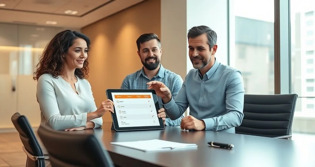 A diverse couple and mortgage advisor review a tablet displaying a simplified loan comparison and minimal documents in a bright modern office.