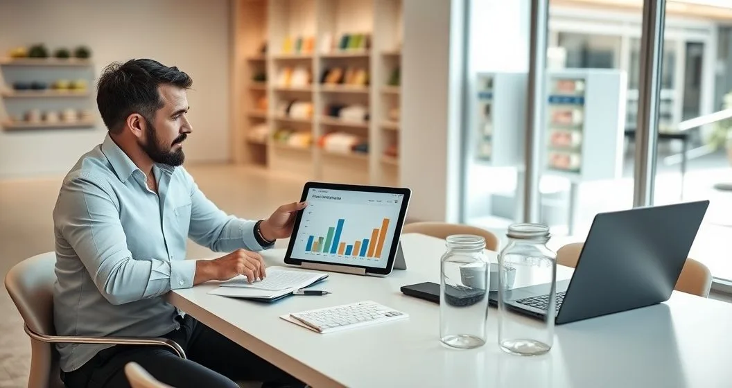Small business owner and financial advisor at a modern office table reviewing a segmented chart on a tablet with two clear jars representing personal and business emergency funds